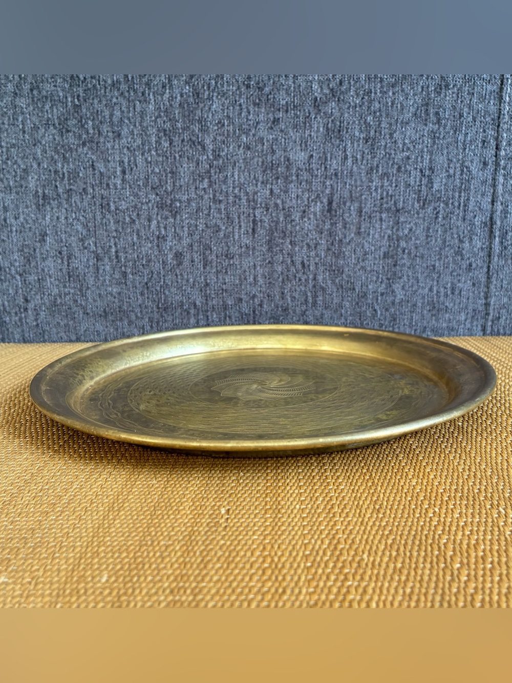 Vintage Brass Tray Etched Home Decor Patina Medium 10.5” - Picture 3 of 4